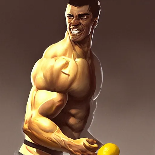 Image similar to lemon with muscular body working out by greg rutkowski