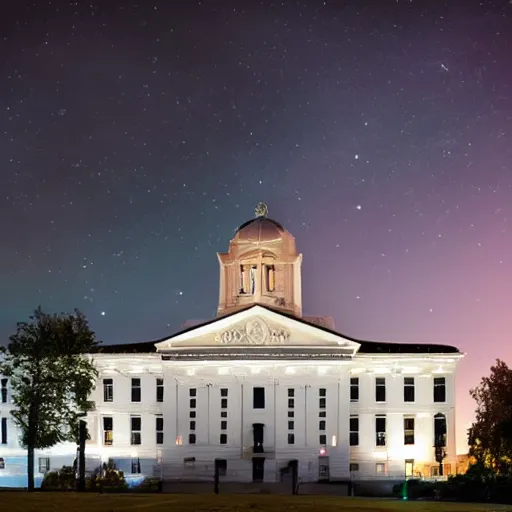 Image similar to courthouse on fire at night with the milky way in the sky, award winning photo, 8k hyperrealistic