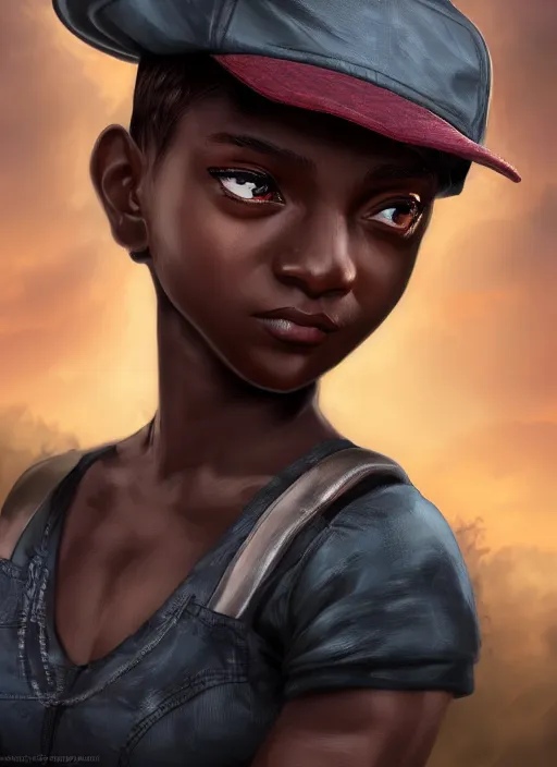 Image similar to An epic fantasy comic book style portrait painting of a young dark skinned girl with short hair dressed as a boy in a cap, unreal 5, DAZ, hyperrealistic, octane render, cosplay, RPG portrait, dynamic lighting