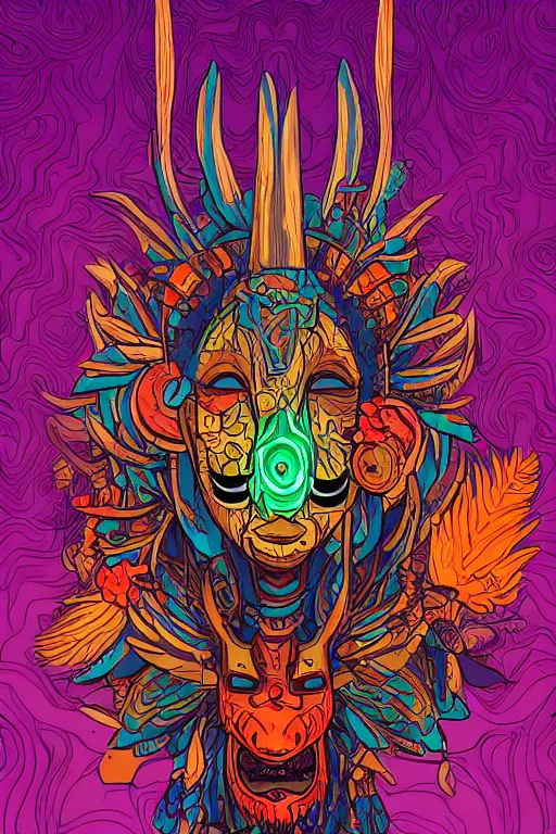 Image similar to animal mask totem roots flower tribal feather gemstone plant wood rock shaman vodoo video game vector cutout illustration vivid multicolor borderlands comics by josan gonzales and dan mumford radiating a glowing aura