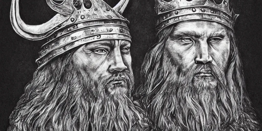 Image similar to realistic portrait of viking king with a wolf head as hat, 1450, ink, 8k, ultra realistic