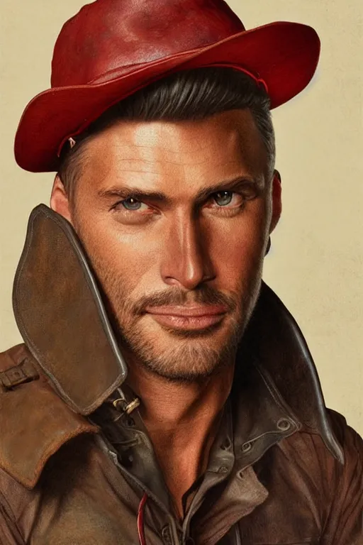 Image similar to headshot portrait of a gaunt 40's adventurer, unshaven, optimistic, stained dirty clothing, straw hat, riding boots, red t-shirt, dusty rown bomber leather jacket, concept art, photorealistic, hyperdetailed, 3d rendering! , art by Leyendecker and frazetta!,