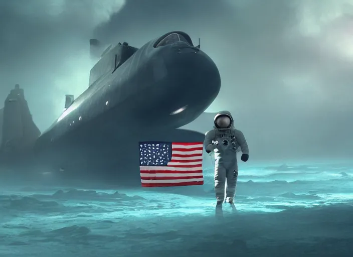 Image similar to astronaut holding a flag in an underwater desert. a submarine is visible in the distance. dark, concept art, cinematic, dramatic, atmospheric, 8 k, trending on artstation, blue, fish, low visibility, fog, ocean floor, christopher nolan, interstellar