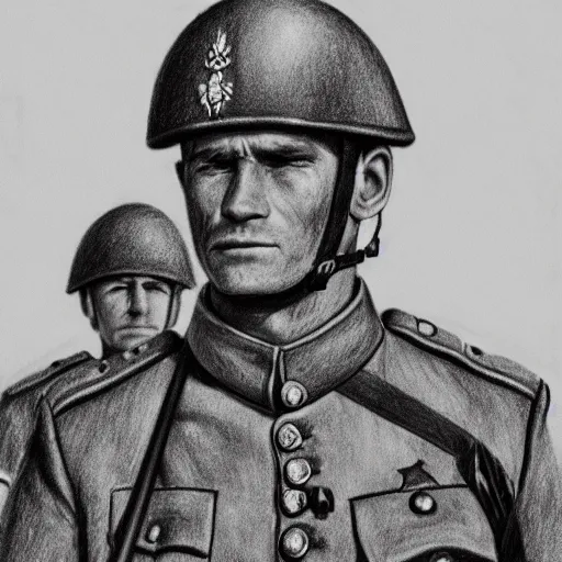 Image similar to a very detailed pencil drawing of a german soldier and a soviet soldier 4 k, high resolution, still, landscape, hd, dslr, hyper realistic, sketch