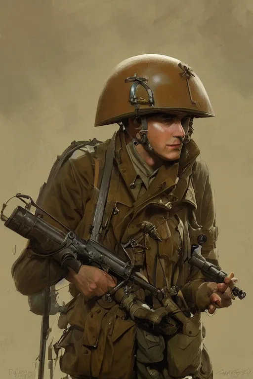 Image similar to A full portrait of a british world war two soldier, intricate, elegant, highly detailed, digital painting, artstation, concept art, smooth, sharp focus, illustration, art by Krenz Cushart and Artem Demura and alphonse mucha