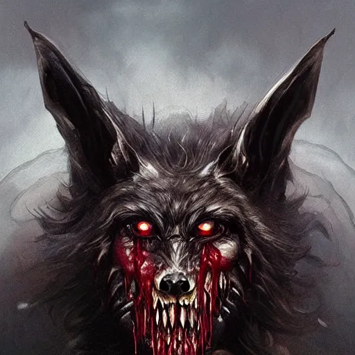 Image similar to Dark Fantasy Painting of a werewolf with blood dripping from its mouth, creepy, unsettling, horror, upper body, intricate, wild, highly detailed, digital painting, artstation, concept art, smooth, sharp focus, illustration, art by artgerm and greg rutkowski and alphonse mucha