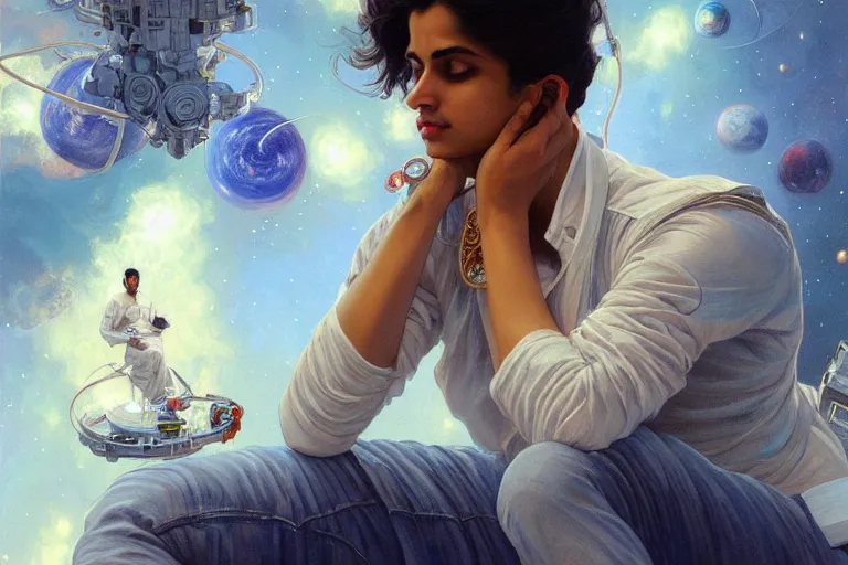 Image similar to Sensual good looking pale young Indian doctors wearing jeans in a space station above Earth, portrait, elegant, intricate, digital painting, artstation, concept art, smooth, sharp focus, illustration, art by artgerm and greg rutkowski and alphonse mucha