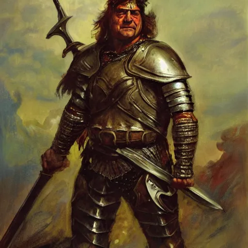 Image similar to portrait of john goodman wearing armor and holding sword by frank fazetta, fantasy, barbarian