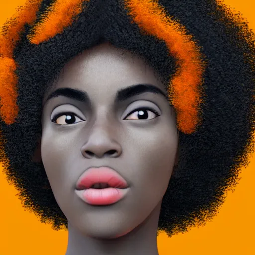 Image similar to photorealistic portrait of a black woman with an afro, trippy, 4 k, 8 0 mm