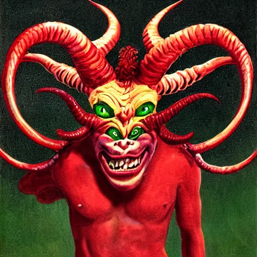 Image similar to Lucifer with bright red skin and curly horns and a big bright white smile offering a bag full of green dollar bills