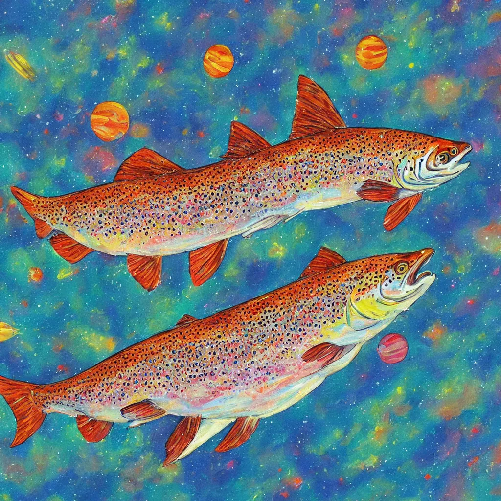 Prompt: a painting of a trout swimming in outer space