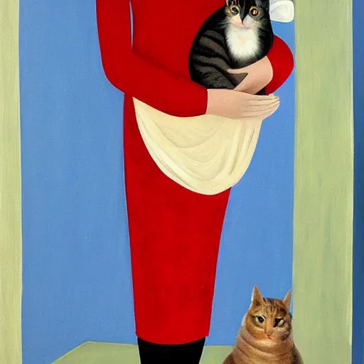 Image similar to a painting of a middle aged woman in a red dress has a cat sitting on her shoulder, by christian schad