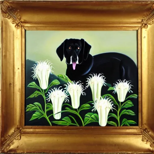 Image similar to oil painting of datura strammonium flowers with a vicious black dog in the foreground