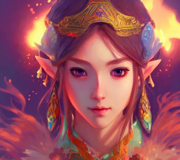 Image similar to beautiful zelda, fire in eye, snow glow, pool party, highly detailed, digital painting, artstation, sharp focus, illustration, art by tan zi and ayanamikodon and alphonse mucha and wlop