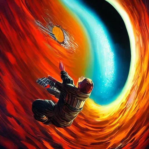 Image similar to a beautiful painting of falling into a blackhole in the beer isle, bold colors, dramatic lighting, great composition, detailed, trending on artstation