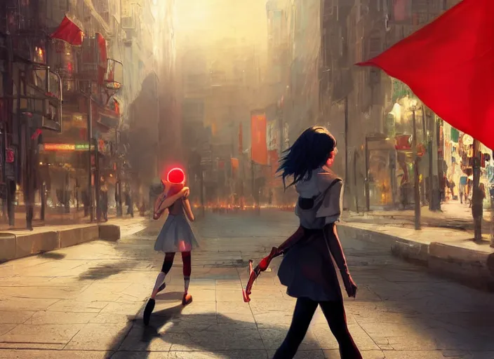 Image similar to glowing girl walking through daylight city carrying a red propaganda flag , DSLR 85mm, by Craig Mullins, ilya kuvshinov, krenz cushart, artgerm, Unreal Engine 5, Lumen, Nanite