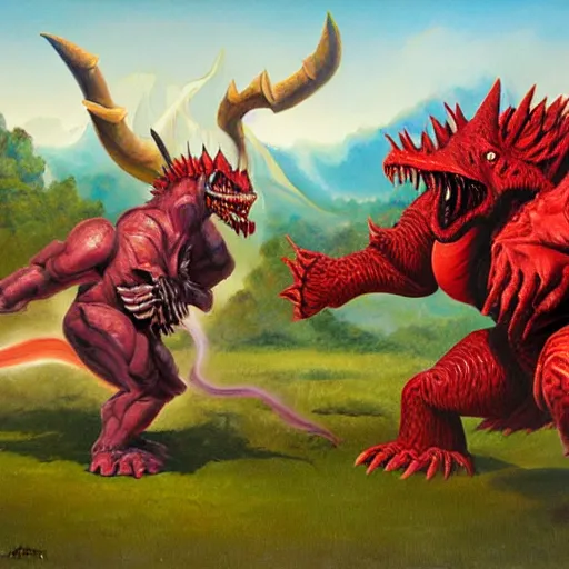 Prompt: tarrasque fighting a zaratan, oil painting