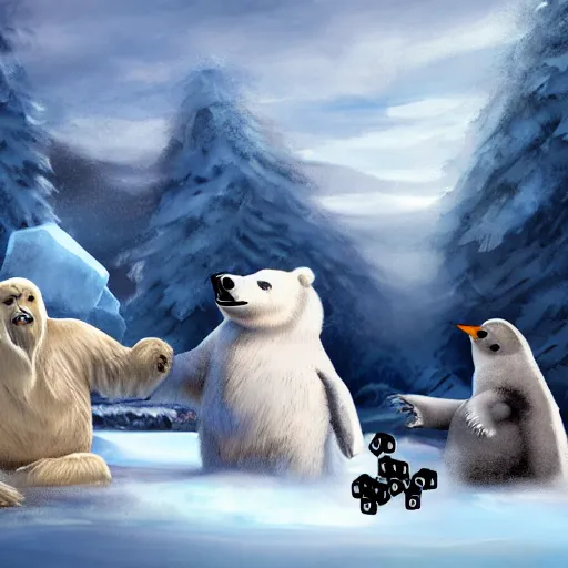 Prompt: a polar bear and a yeti box while three penguins play dice, snowy background, very detailed, cool, best of artstation, digital artwork, 8 k,