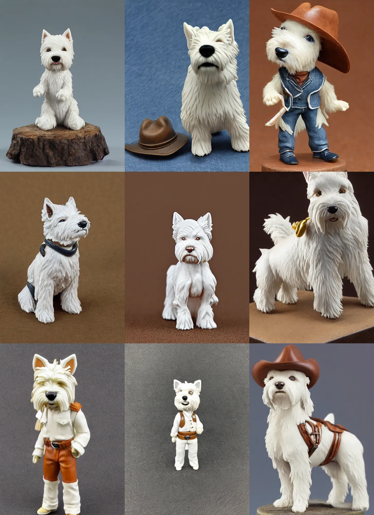 Prompt: 80mm resin detailed miniature of an anthropomorphic west highland white terrier-cowboy, Short brown leather jacket, denim short pants, ten-gallon hat; Product Introduction Photos, 4K, Full body
