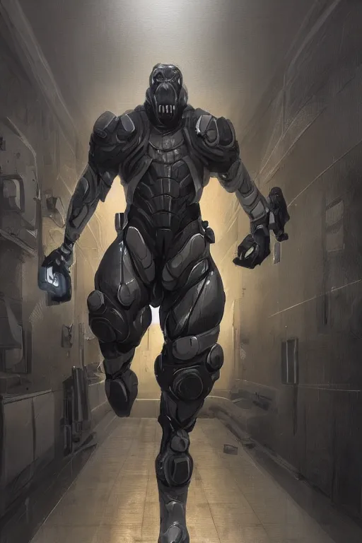 Image similar to a exaggeratedly muscled black - coated anthropomorphic horse wearing a skintight tactical clothing, test subject supersoldier, in a corridor of a research facility, game character, highly detailed, digital painting, artstation, concept art, illustration, art by artgerm, greg rutkowski, wlop