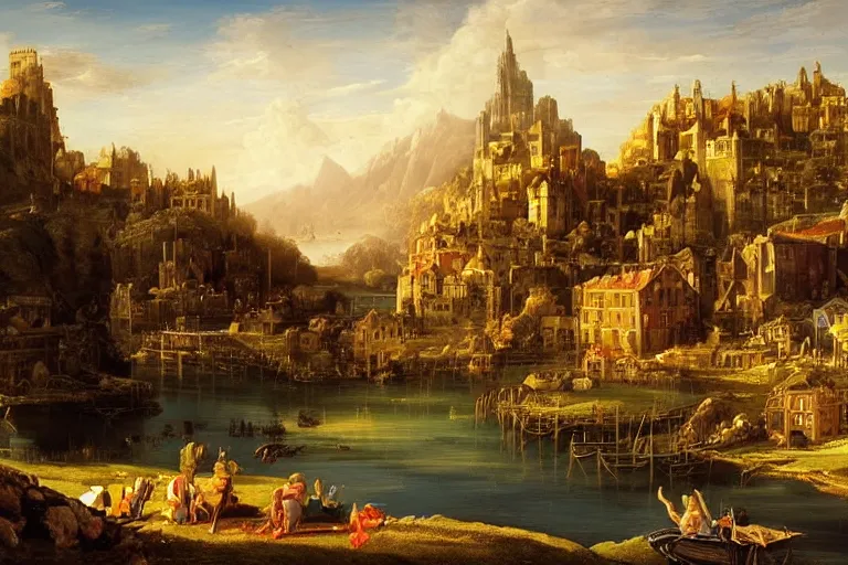 Prompt: beautiful city landscape mythology, fantasy, landscape background, vivid colors, digital painting, very detailed, realistic, high quality, by claude lorrain