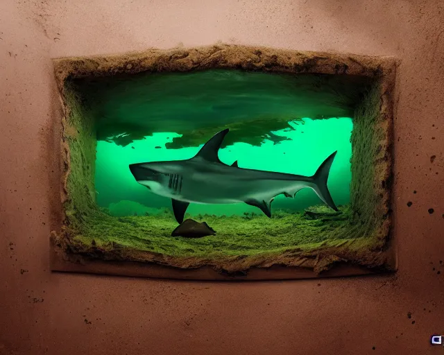 Image similar to 5 5 mm photo of a large translucent backlit green grave with a shark swimming inside. magical atmosphere. art by greg rutkowski. highly detailed 8 k. intricate. lifelike. soft light. nikon d 8 5 0.