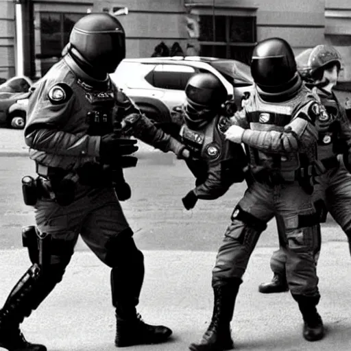 Prompt: a space alien, being arrested by spetsnaz