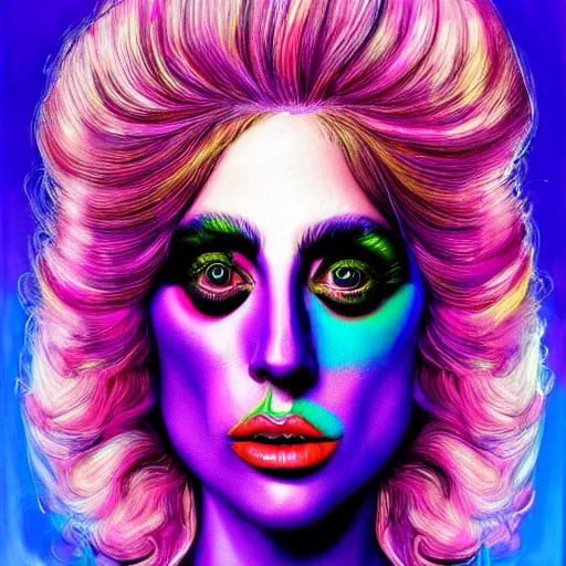 Prompt: an extremely psychedelic portrait of lady gaga as willy wonka, surreal, lsd, face, detailed, intricate, elegant, lithe, highly detailed, digital painting, artstation, concept art, smooth, sharp focus, illustration,