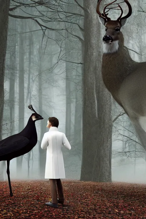 Image similar to a deer wearing a white formal coat conversing with a crow wearing a red formal coat, hyperrealistic, concept art, octane render, unreal engine 5, trending on DeviantArt, highly detailed, high quality, 8K, soft lighting, cute, natural lighting, realistic face, trending on Artstation, elegant clothes, profile picture, path traced, house background