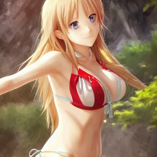 Image similar to a very beautiful mature yuuki asuna, full body, long wavy blond hair, sky blue eyes, full round face, bikini, miniskirt, front view, cute pose, highly detailed, cinematic wallpaper by stanley artgerm lau