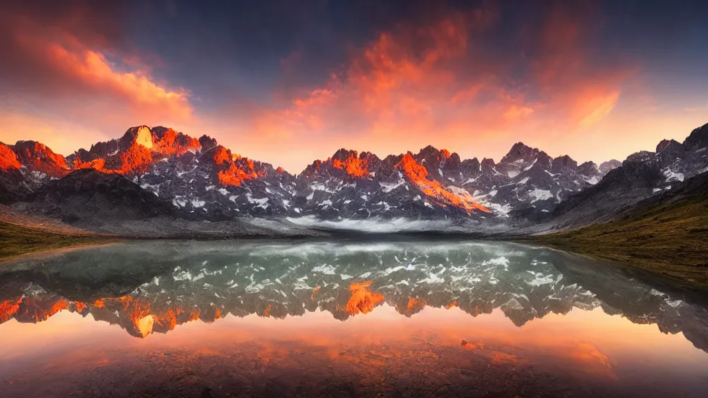 Image similar to amazing landscape photo of mountains with lake in sunset by marc adamus, beautiful dramatic lighting