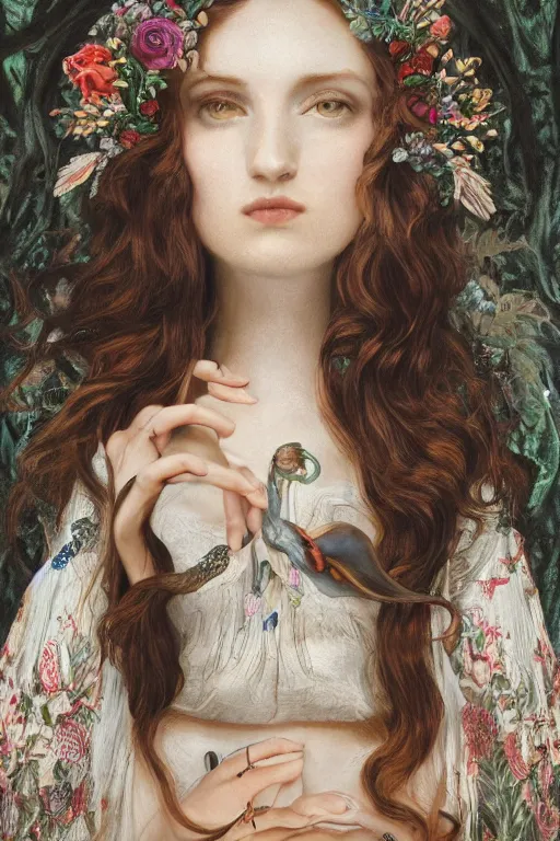 Image similar to An extremely beautiful pre-raphaelite ornate portrait of a very beautiful witch, ultradetailed, intricate, elegant, digital art painting, smooth, sharp focus, magazine art cover illustration, regal, award winning picture, extremely detailed masterpiece, sense of awe, featured on Artstation, Artgerm, ethereal bubbles, Aetherpunk, atmospheric lightning, Exquisite floral details, 8K detail post-processing