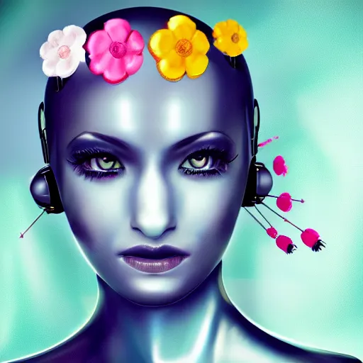 Prompt: female futuristic robot portrait with flower antennas