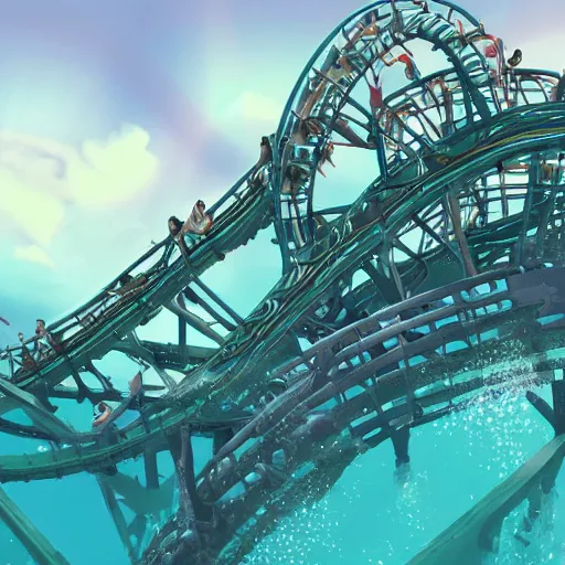 Image similar to underwater roller coaster, photorealistic, detailed