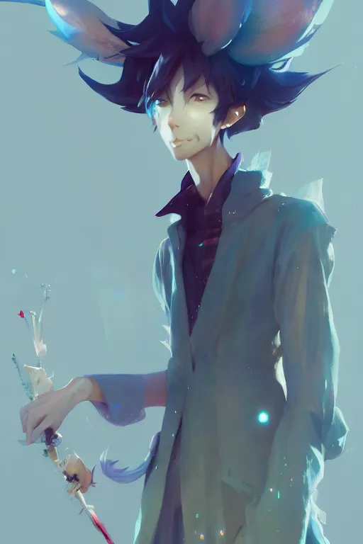 Image similar to a beautiful fullbody portrait of a skinny young anime male wearing a wizard style outfit. character design by cory loftis, fenghua zhong, ryohei hase, ismail inceoglu and ruan jia. artstation, volumetric light, detailed, photorealistic, fantasy, rendered in octane