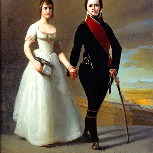 Image similar to an oil panting of a young napoleon with her girlfriend, walking in paris