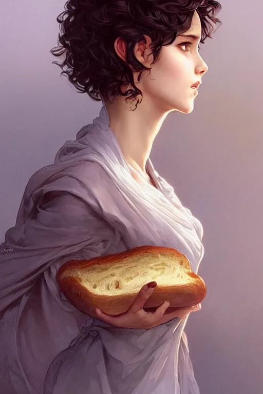 Prompt: beautiful goblincore of a girl with short black curly hair, round face, cute face, holding a loaf of bread. intricate, elegant. highly detailed, digital painting, artstation, concept art, smooth, sharp, focus, illustration. . art by artgerm and greg rutkowski and alphonse mucha