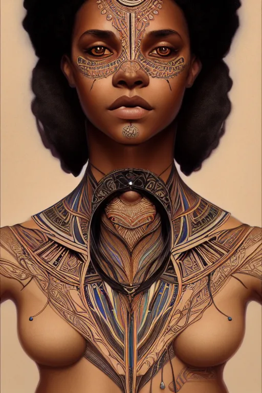 Image similar to symmetrical body portrait of beautiful nubian tribal tattooed young woman, intricate, elegant, highly detailed, digital painting, artstation, concept art, smooth, sharp focus, illustration, art by artgerm and greg rutkowski and alphonse mucha, 8 k