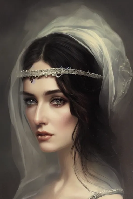 Image similar to Ameera al-Taweel, blue eyes, long wavy black hair, white veil, closeup, focus face, elegant, highly detailed, centered, oil painting, artstation, concept art by tom bagshaw