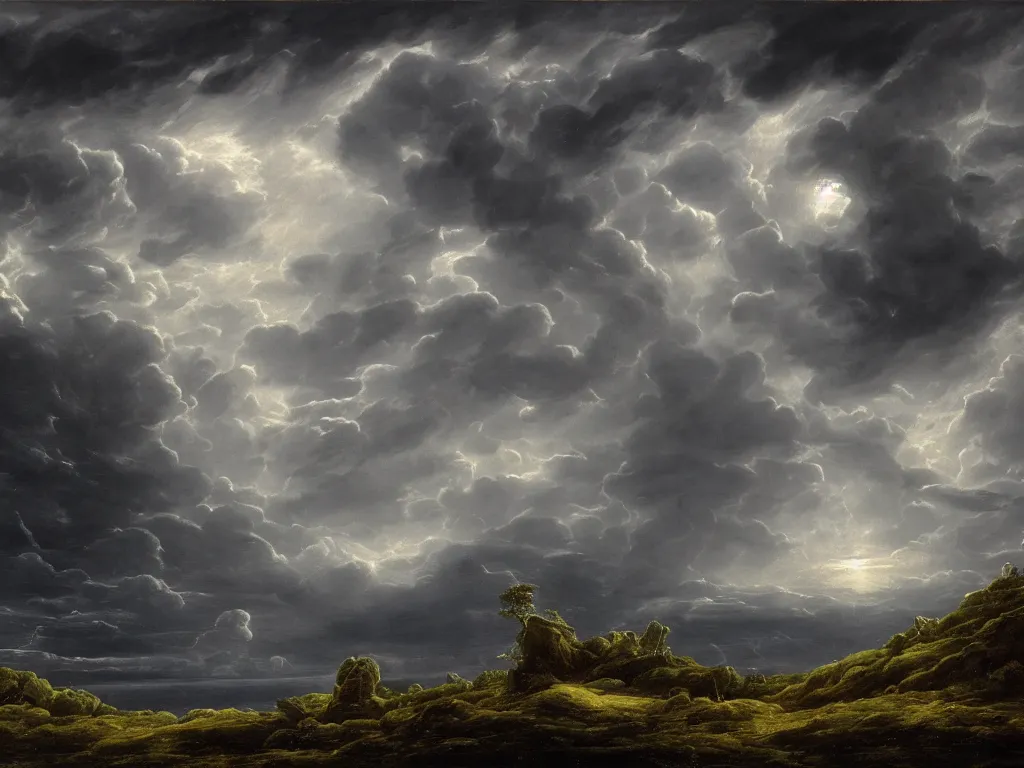 Image similar to detailed landscape, high cliff, very detailed dark super storm, hyper realistic clouds, impressive, magical, very atmospheric, smoke boiling, cinematic, deep, very high complexity, stunning, masterpiece, chiaroscuro, in the style of caspar david friedrich, very detailed. 4 k