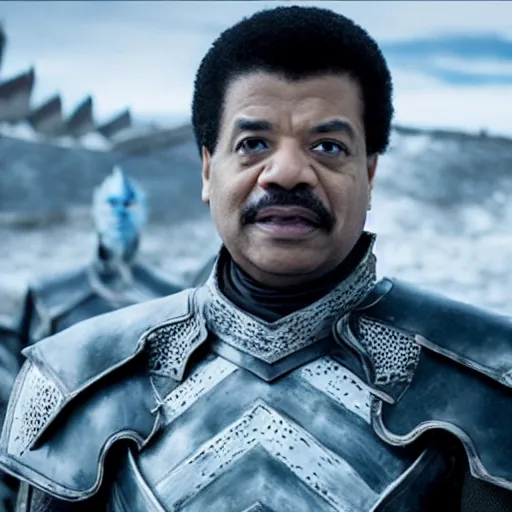 Prompt: a cinematic still from game of thrones season 8 of neil degrasse tyson as the night king