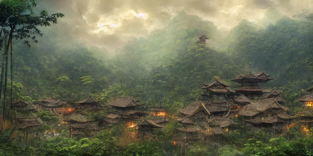 Image similar to A gigantic standing haunted samurai guardian dominates a huge hidden bamboo village in the jungle, evening, ominous sky, flags, Matte Painting, Craig Mullins