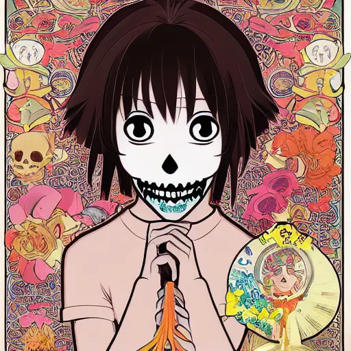 Image similar to anime manga skull portrait girl female dora the explorer skeleton illustration hyperrealistic art Geof Darrow and will cotton alphonse mucha pop art nouveau