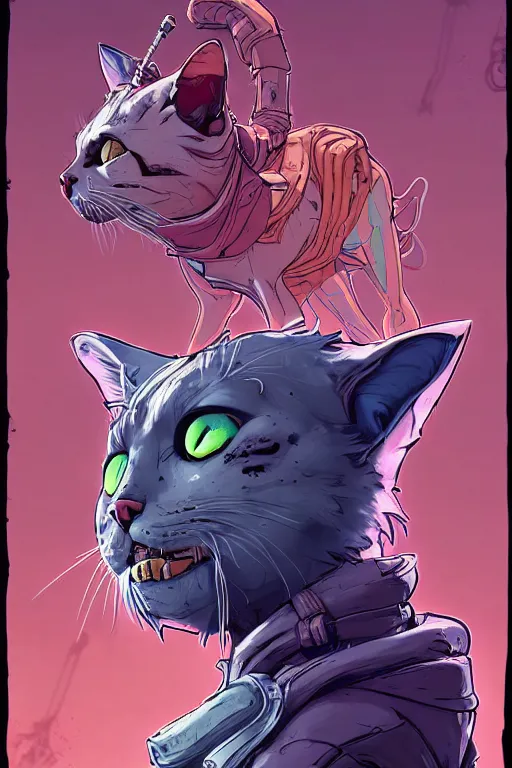 Prompt: a study of cell shaded portrait of a cat as a borderlands 3 character, llustration, post grunge, evil vibe, concept art by josan gonzales and wlop, by james jean, Victo ngai, David Rubín, Mike Mignola, Laurie Greasley, highly detailed, sharp focus, alien, Trending on Artstation, HQ, deviantart, art by artgem