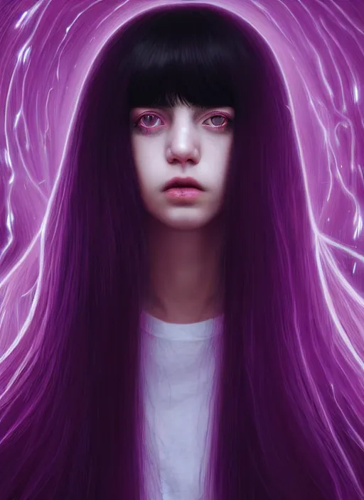 Image similar to hair whitebangs hair, black hair, portrait of teenage girl with white bangs, whitebangsblackhair, messy bangs, curly bangs, whitebangs, red irises, purple clothes, intricate, elegant, glowing lights, highly detailed, digital painting, artstation, concept art, sharp focus, illustration, art by wlop, mars ravelo and greg rutkowski