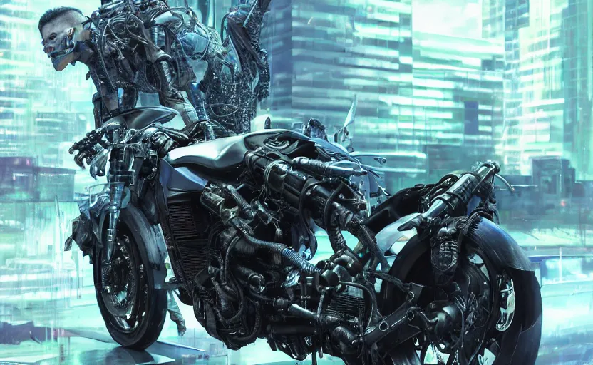 Image similar to Cyberpunk yamaha motorcycle, hyperrealistic mixed media, stunning 3d render inspired art by P. Craig Russell and Barry Windsor-Smith + perfect facial symmetry + dim volumetric lighting, 8k octane beautifully detailed render, post-processing, extremely hyperdetailed, intricate futuristic mechanic parts, epic composition, grim yet sparkling atmosphere, cinematic lighting + masterpiece, trending on artstation