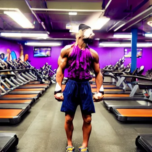 Image similar to candid photo of Cosmic Goku at Planet Fitness by Annie Leibowitz, photorealisitc, extremely detailed