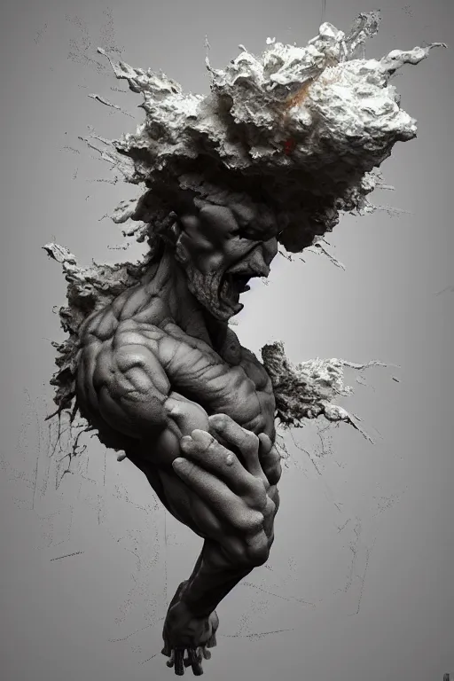 Image similar to sculpture exploding in white museun exploding inside, painting os on the wall, highly detailed, 3 d hyper realistic digital painting, artstation, concept art, smooth, sharp focus, illustration, art by ilja repin