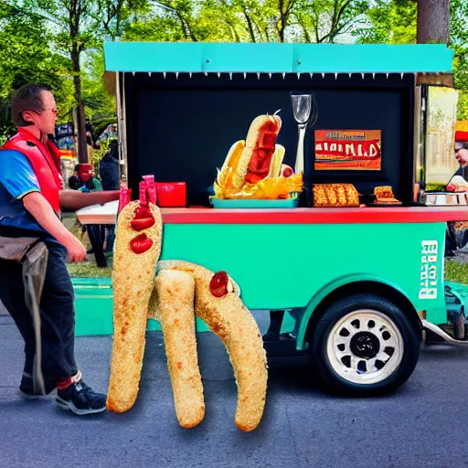 Prompt: llama serving hot dogs from a hot dog cart, photo, detailed, 4k