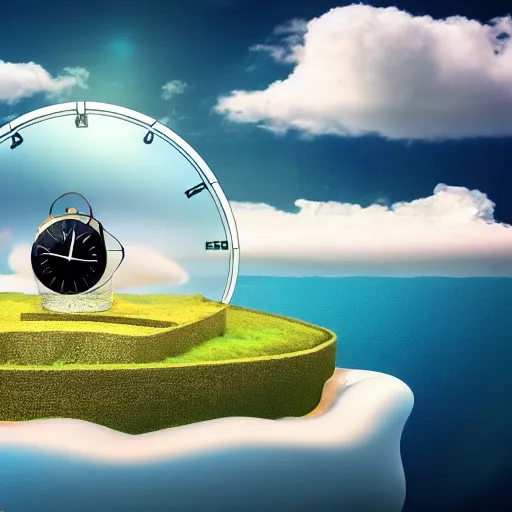 Image similar to a clock floating on an floating island, there are clouds around, it is on earth, on the background there are other floating islands too, floating at the ozone layer, cartoony, 4 k resolution, award winning